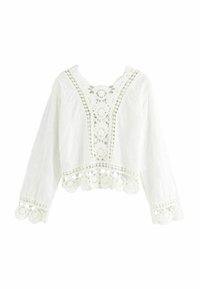 White cropped blouse with long sleeves, featuring embroidered floral patterns and lace details at the neckline and hem.