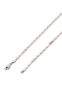 Srebrny łańcuszek wykonany z połączonych, wypolerowanych metalowych dysków z zaokrąglonymi krawędziami. Posiada dwa zapięcia na każdym końcu dla bezpiecznego mocowania.