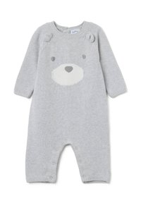 Mono de punto gris con mangas largas, con un diseño de cara de oso en la parte frontal, cuello redondo y cierres de botón en la parte inferior.