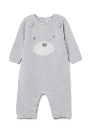 Grau gestrickter Einteiler mit langen Ärmeln, der vorne mit einem Bärenkopf-Design, einem runden Kragen und Knopfverschlüssen am Boden ausgestattet ist.