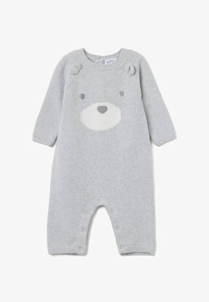 Gray knitted onesie with long sleeves, featuring a bear face design on the front, rounded collar, and button closures at the bottom.