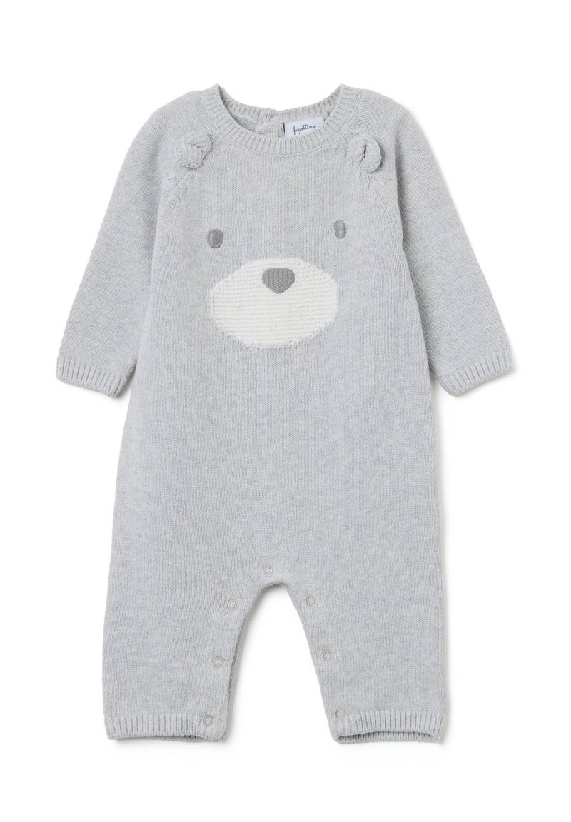 Mono de punto gris con mangas largas, con un diseño de cara de oso en la parte frontal, cuello redondo y cierres de botón en la parte inferior.