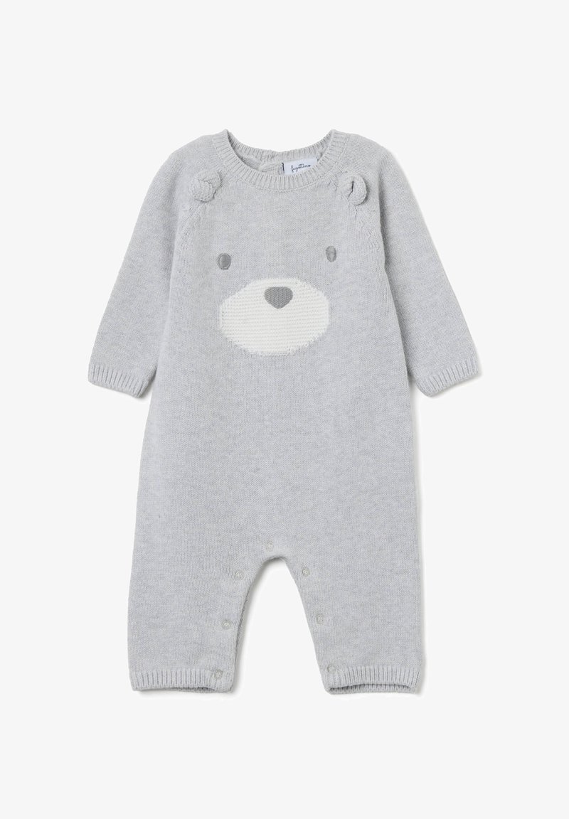 Mono de punto gris con mangas largas, con un diseño de cara de oso en la parte frontal, cuello redondo y cierres de botón en la parte inferior.