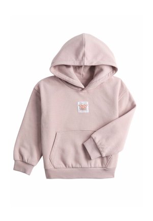 Lyserød børne-hoodie med frontlomme og lille "Toy Story" logo på brystet i midten.