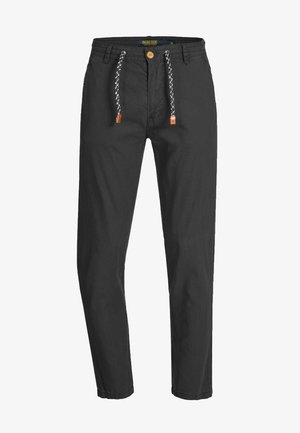 Zwarte casual herenhose met knoop en gevlochten trekkoord in de taille, rechte pijpen en voorzakken, gelabeld Indicode, maat medium.