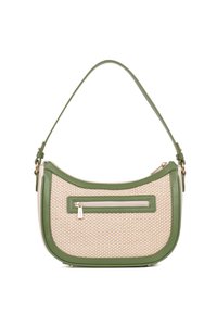 Borsa verde e beige con una trama intrecciata, dotata di una cornice verde liscia, una tracolla regolabile e una tasca con zip sul davanti.