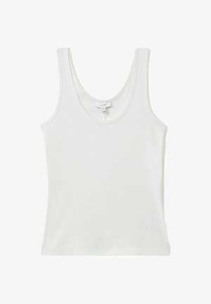 Balts tvertnes tops no ribota auduma ar platām lencēm un izgriezumu apaļā kakla līnijā. Vienkāršs dizains bez rakstiem vai apdares elementiem.