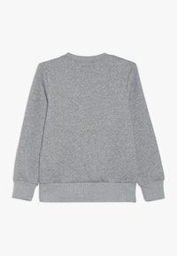 Sudadera gris de mezcla de algodón, con cuello redondo, mangas largas y puños y dobladillo acanalados. Textura suave sin adornos.