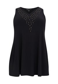 Zwarte mouwloze top met een V-hals, voorzien van een decoratief patroon van goudkleurige studs die een vallend effect creëren. Zacht stof met een vloeiende pasvorm.