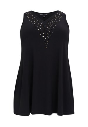 Zwarte mouwloze top met een V-hals, voorzien van een decoratief patroon van goudkleurige studs die een vallend effect creëren. Zacht stof met een vloeiende pasvorm.