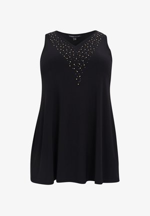 Zwarte mouwloze top met een V-hals, voorzien van een decoratief patroon van goudkleurige studs die een vallend effect creëren. Zacht stof met een vloeiende pasvorm.