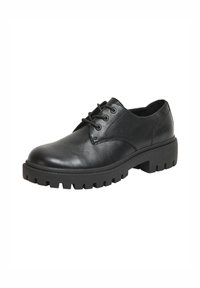 Scarpa in pelle nera con finitura liscia, design con lacci, punta arrotondata e suola in gomma testurizzata con battistrada prominente per una migliore aderenza.