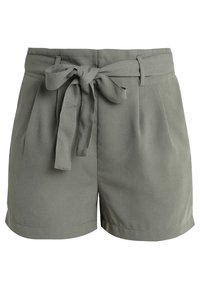 Světlé zelené šortky s vázacím páskem, řaseným předním dílem, dvěma bočními kapsami a hladkou texturou. Klasický střih s rovným lemem.