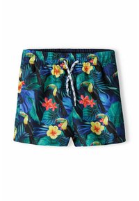 Bañadores de hombre con un estampado tropical que incluye tucanes y flores de hibisco. Fabricados con un tejido ligero, cuentan con una cintura elástica y cordón.