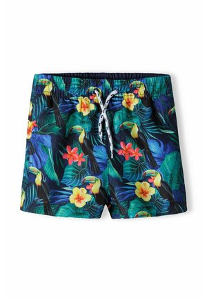 Herrbadshorts med tropiskt mönster som har tukaner och hibiskusblommor. Tillverkade av lättviktsmaterial med resårmidja och dragsko.