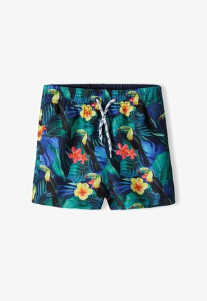Costumi da bagno da uomo con stampa tropicale che presenta tucani e fiori di ibisco. Realizzati in tessuto leggero con cintura elastica e cordino.