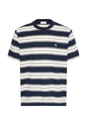 Kurzärmliges T-Shirt mit horizontalen Streifen in Marineblau und Weiß, Rundhalsausschnitt und kleinem "cK"-Logo auf der linken Brust.