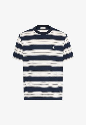 Kurzärmliges T-Shirt mit horizontalen Streifen in Marineblau und Weiß, Rundhalsausschnitt und kleinem "cK"-Logo auf der linken Brust.