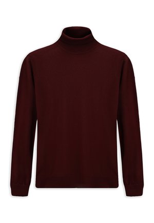 Bordeauxrode coltrui gemaakt van zachte stof, met lange mouwen en geribbelde boorden. Eenvoudig ontwerp zonder patronen of accenten.