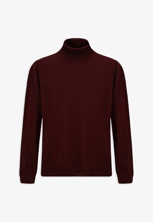 Maglione dolcevita bordeaux realizzato in tessuto morbido, con maniche lunghe e polsini a coste. Design semplice senza motivi o accenti.