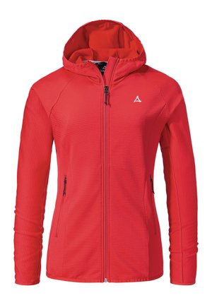Rote Zip-Hoodie aus strukturiertem Material, mit Kapuze, zwei seitlichen Reißverschlusstaschen und einem kleinen Logo auf der Brust.