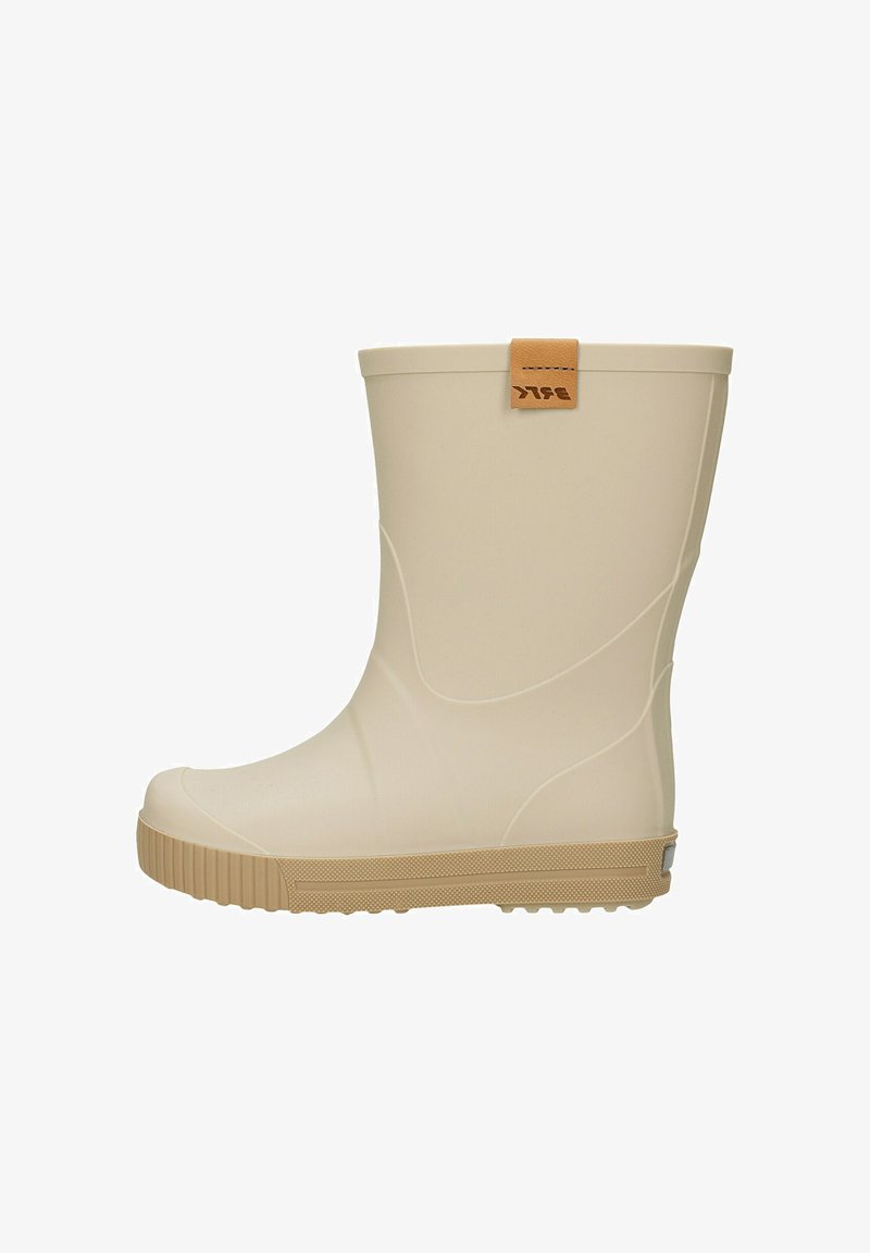 Botte de pluie en caoutchouc beige avec semelle texturée et languette beige foncé près du haut, vue de côté sur fond blanc.