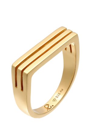 Goldfarbener Ring mit rechteckigem Design, der auf der oberen Fläche zwei vertikale Streifen und ein glattes Innenfinish aufweist.