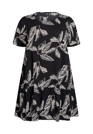 Robe noire à manches courtes avec motif de feuilles blanches, encolure ronde et ourlet à volants.