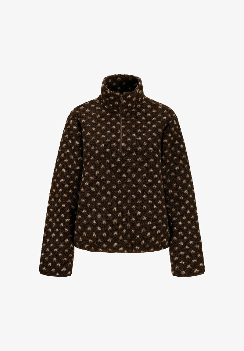 Maglione in pile marrone scuro con motivo a macchie di colore marrone più chiaro. Collo con cerniera a un quarto e maniche lunghe con polsini elasticizzati.