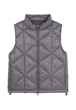 Chaleco acolchado gris con cuello alto, diseño de rombos, cremallera frontal y bolsillos laterales. Fabricado con material sintético ligero.