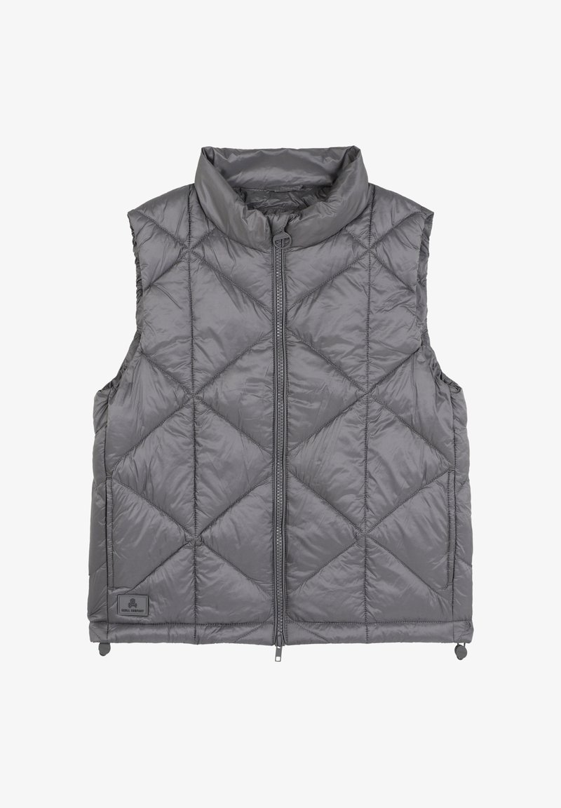 Chaleco acolchado gris con cuello alto, diseño de rombos, cremallera frontal y bolsillos laterales. Fabricado con material sintético ligero.