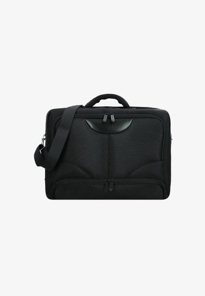 Schwarze Laptoptasche aus strukturiertem Stoff, mit einem oberen Griff, verstellbarem Tragegurt und zwei Reißverschlusstaschen. Verfügt über eine glatte, abgerundete Akzentuierung.