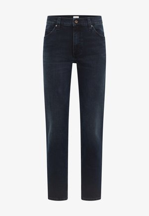 Donkerdenim jeans met een slim fit, voorzien van voorzakken, een knoopsluiting en een rechte pijpdesign. Gladde textuur zonder zichtbare branding.