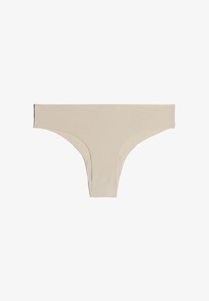 Beige bikinové kalhotky vyrobené z měkkého a elastického materiálu; mají minimální zakrytí a hladké okraje pro pohodlí a bezproblémový vzhled.