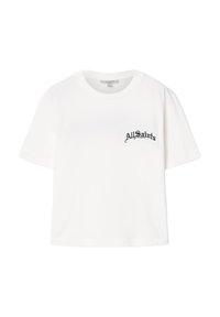 White short-sleeve t-shirt with "AllSaints London" logo in black gothic font on left chest, crew neckline, and relaxed fit.