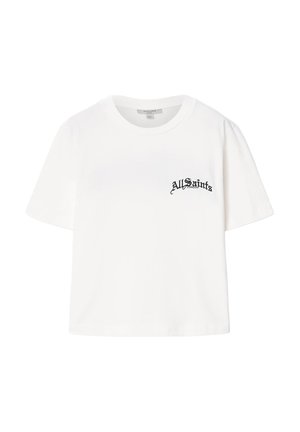 Valkoinen lyhythihainen t-paita, jossa "AllSaints London" -logo mustalla goottilaistyylisellä fontilla vasemmalla rinnalla, pyöreä pääntie ja rento istuvuus.