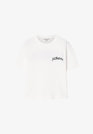 Valkoinen lyhythihainen t-paita, jossa "AllSaints London" -logo mustalla goottilaistyylisellä fontilla vasemmalla rinnalla, pyöreä pääntie ja rento istuvuus.