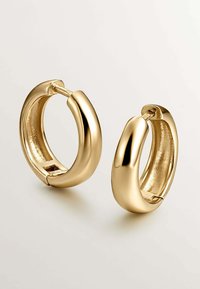 Pendientes de aro chapados en oro con un diseño liso y redondeado y un acabado pulido. Cuentan con un cierre de bisagra seguro y una estética minimalista.