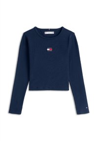 Marine modra, rebrasta kratka majica z dolgimi rokavi in okroglim izrezom, z majhno logotipno značko na levi strani prsnega koša in poudarki na rokavu.