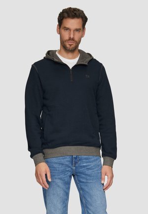 Marineblaues Sweatshirt mit grauem Kapuzenbereich, Viertelreißverschluss und zwei Fronttaschen. Gerippte Bündchen und Saum. Mischgewebe aus Baumwolle, weiche Textur.