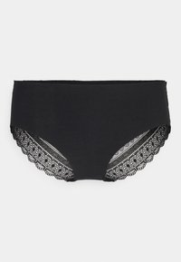Zwarte katoenen slip met kantdetails langs de randen. Heeft een soepele textuur en een midi-rise ontwerp voor comfort en bedekking.