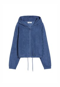 Felpa blu con zip e cappuccio realizzata in morbido tessuto testurizzato. Presenta polsini a coste e cordino regolabile all'orlo. Design incrociato.