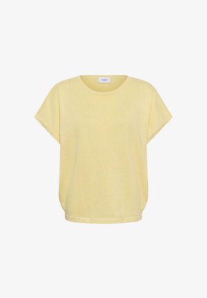 Svijetložuta široka majica s kratkim rukavima, okruglim izrezom i malom tkanom etiketom unutar ovratnika.