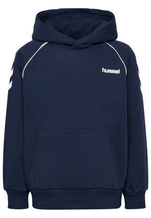 Marineblå hættetrøje med frontlomme, hvide piping på skuldrene, hvide chevronstriber på ærmerne og hvidt "hummel"-logo på brystet.