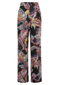 Zwarte wijde broek met een kleurrijk bloemen- en abstract patroon in tinten roze, paars, blauw en crèmekleurig. Zachte stof met een gladde textuur.
