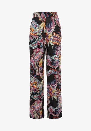 Schwarze weit geschnittene Hosen mit einem bunten Blumen- und abstrakten Muster in den Farben Rosa, Lila, Blau und Creme. Weiches Gewebe mit einer glatten Textur.
