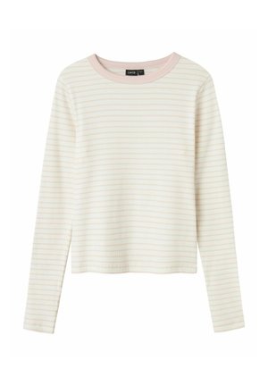 Long-sleeve top in light cream with thin pink stripes. Round neck with pink trim. Soft, textured fabric with a relaxed fit.