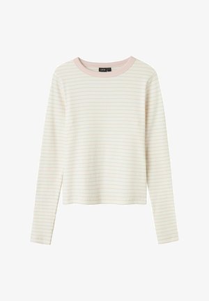 Long-sleeve top in light cream with thin pink stripes. Round neck with pink trim. Soft, textured fabric with a relaxed fit.