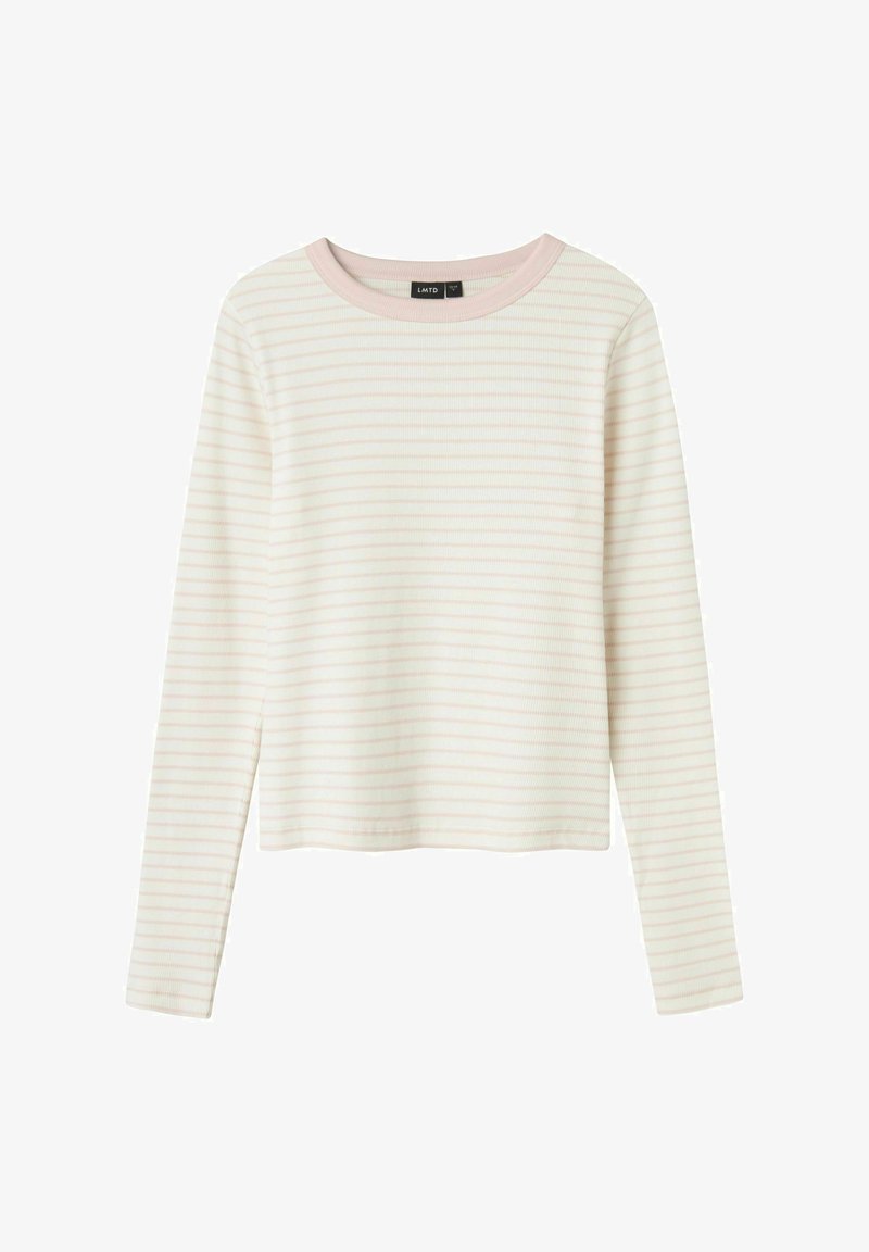 Langsleeve bovenstuk in lichtcrème met dunne roze strepen. Ronde hals met een roze bies. Zachte, gestructureerde stof met een relaxte pasvorm.