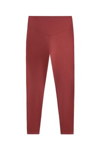 Červené elastické legíny s vysokým pásom, hladkým povrchom a priliehavým strihom, zužujúce sa smerom k čistému členkovému strihu.